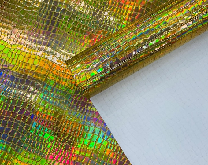 Gold Crocodile Holographic Embossed PVC Vinyl Fabric, Metallic Crocodile Vinyl Fabric By The Yard DIY Upholstery Accessories Applications