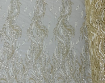Clear Beaded Fabric by the yard, Embroidered With Beaded Sequin on Nude Mesh, Floral Bridal Lace Fabric (Pick a size )