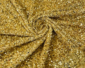 Gold Sequin Velvet Fabric: 5mm Sequins, 2-Way Stretch (58/60")
