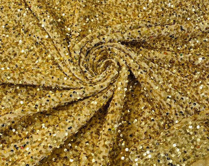 Gold Sequin Velvet Fabric | Gold on Stretch Velvet | by the yard | all Over 5mm Sequins Velvet 2-way Stretch 58/60”