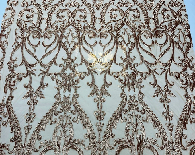 Matte Gold Sequins Lace Fabric On Mesh, Damsk Design Embroidered 4way Stretch Sequin By Yard -Prom-Gown ( Choose The Size )