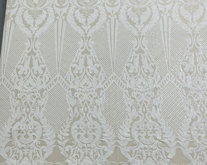White Sequins Fabric on Nude Mesh, DAMASK Design Embroidered on a Mesh 4 way Stretch Sequin By The Yard ( Choose The Size )