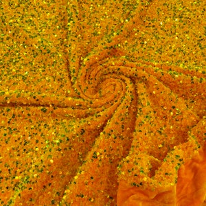 Clear Yellow Iridescent Sequin Fabric on orange Stretch Velvet by the yard - all Over 5mm Sequins Velvet Fabric,  2-way Stretch 58/60”