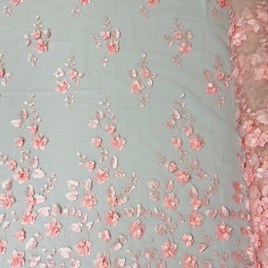 White 3d floral design embroider with beads and pearls on a mesh lace-prom-nightgown-sold by yard.