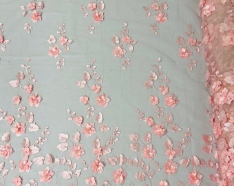Pink 3D Floral Design Embroider and Beaded With Pearls On a Mesh Lace-Prom-Dress By The Yard