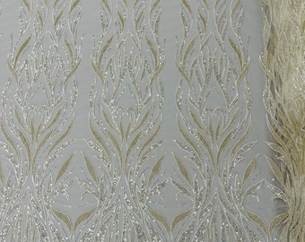 Ivory Beaded Lace Fabric, Damask Embroidered Sequin Mesh, Floral Wedding Design