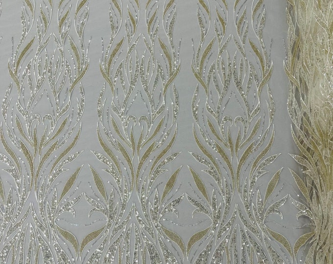 Ivory Beaded Fabric by the yard, Damask Design Embroidered With Beaded Sequin on a Mesh, Floral Wedding Lace Fabric (Pick a size )