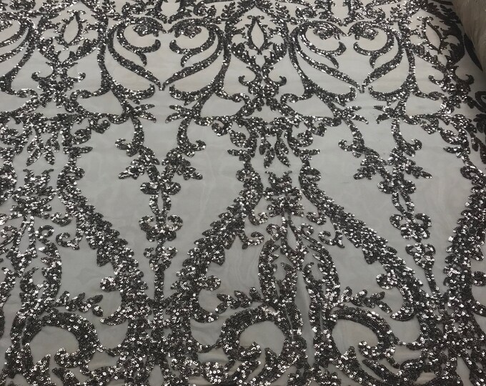 Dusty Rose Sequins Lace Fabric, DAMASK Design Embroidered on a Mesh 4 way Stretch Sequin By The Yard -Prom-Gown ( Choose The Size )