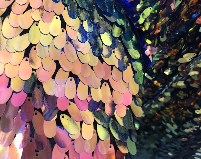 Iridescent Hologram Oval Tear Drop Sequins Fabric - Iridescent Rainbow - Mermaid Fabrics Dresses-Nightgowns-Prom Gown (Pick a Size)