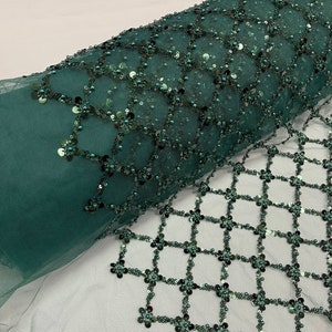 Hunter Green Beaded Sequins Fabric: Geometric Embroidery on Mesh, Bridal Lace