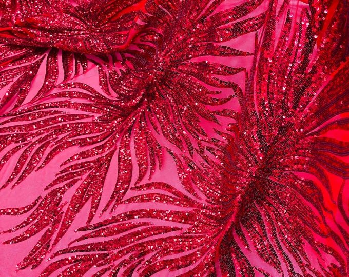 Red Sequin Fabric Sold By The Yard, 4 Way Stretch Mesh, Embroidery on a Mesh Phoenix Wing Sequins Fabric for Prom Gala Gown