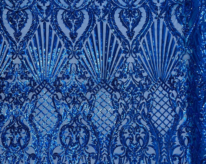Royal Blue Sequin Fabric, Selena Damask Design on a 4 Way Stretch Sequin Lace Mesh - Prom Gala Gown Fabric By Yard