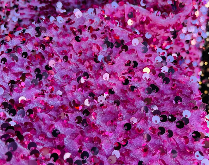 Pink Sequin on Pink Stretch Velvet With Luxury Sequins all Over 5mm Shining Sequins 2-way Stretch 58/60” (Choose The Size)