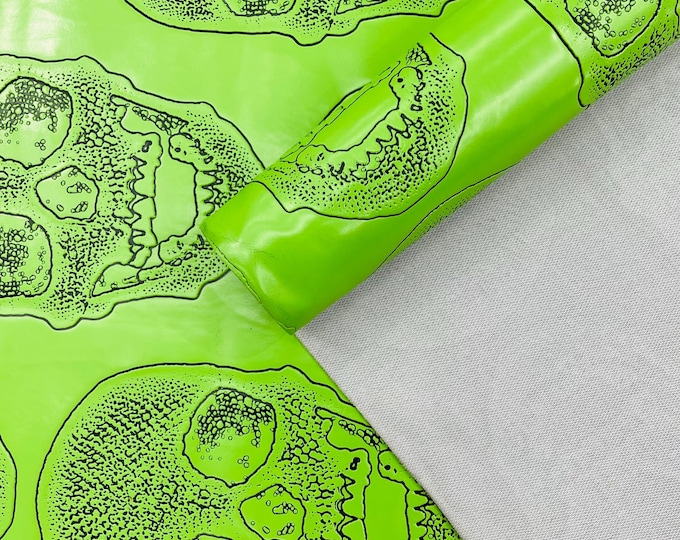 Lime Green Skull Embossed Fake Leather Upholstery, By The Yard Skull Faux Fake Leather Vinyl Fabric, Embossed Skull Fabric Vinyl