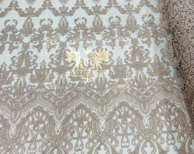 Blush Design Glam Damask Beaded Fabric, Embroidered Fashion Fabric with Beads Wedding Bridal Sold By Yard