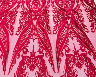 Fuchsia Floral Embroidered Lace Fabric, Wedding Gown Mesh Lace, By The Yard