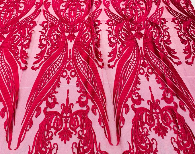Fuchsia Lace Fabric, Corded Lace Embroidery on a Mesh Lace Fabric By The Yard For Gown, Wedding-Bridal-Dress (Choose The Size)