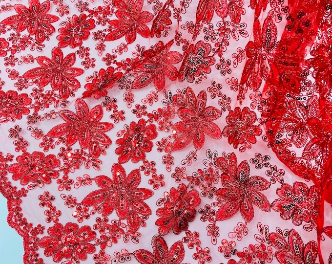 Red Lace Fabric With Sequins, Metallic Thread Flower Embroidery by Yard