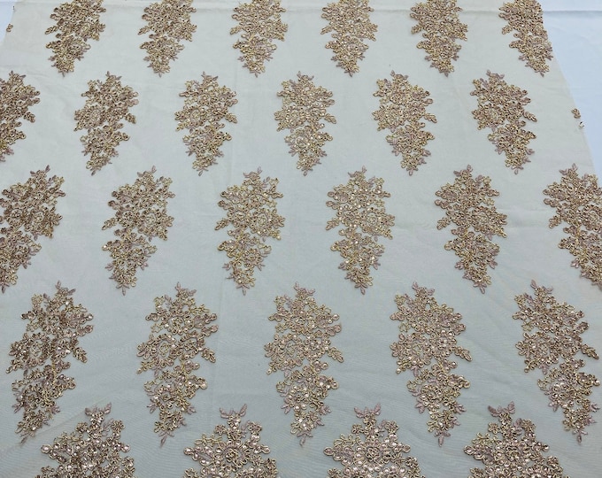 Metallic Rose Gold Floral Lace Fabric - by the yard - Embroidery With Sequins on a Mesh Lace Fabric For Wedding-Bridal