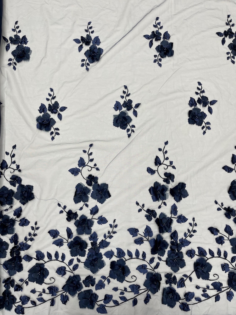 Navy Blue 3D Floral Lace Fabric With Pearls: Orquidia Design - Etsy