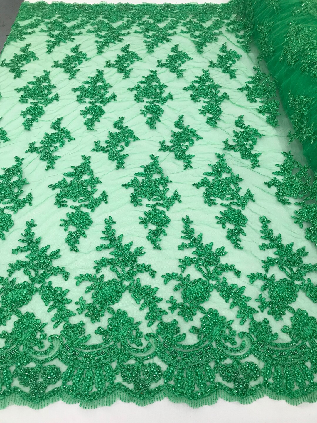 Emerald Green Beaded Fabric, Cluster Bead Fabric Embroidered Flower