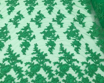 Emerald Green Beaded Lace Fabric: Embroidered Floral Cluster, Bridal Wedding Dress Fabric
