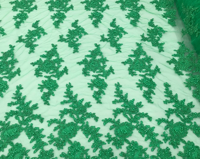 Emerald Green Beaded Fabric, Cluster Bead Fabric Embroidered Flower Beaded Fabric Wedding Bridal Lace Fabric Sold By Yard