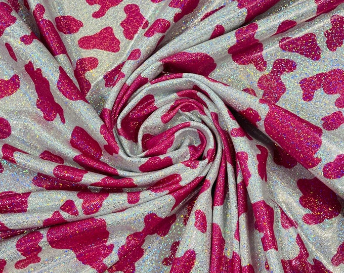 Pink Cow Design With Holographic Print Poly Spandex Fabric 4 way stretch 60” Wide Sold By The Yard (Pick a Size)