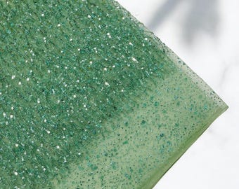 Sage Sparkling Glitter Beads Sequin Fabric, Wave Design Glitter Beads, Beaded Fabric Embroidered on a Mesh Lace Wedding Bridal Dress