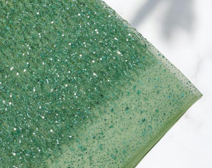 Sage Sparkling Glitter Beads Sequin Fabric, Wave Design Glitter Beads, Beaded Fabric Embroidered on a Mesh Lace Wedding Bridal Dress