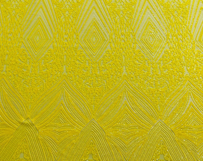Yellow Sequins - 4 Way Stretch Geometric Sequins - Nova Design Triangular Fabric for Prom Gala Gown Sold By The Yard