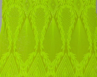 Lime Green Geometric Sequin Fabric: 4-Way Stretch Mesh, Prom Gown
