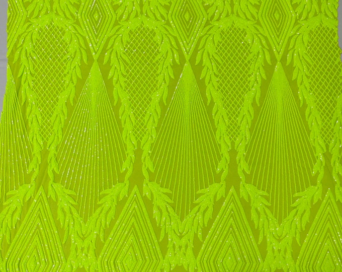 Lime Green Sequin Fabric, Geometric Royalty Design Embroidered With Sequin on a 4 Way Stretch Sequin Fabric Mesh-Prom-Gown By The Yard