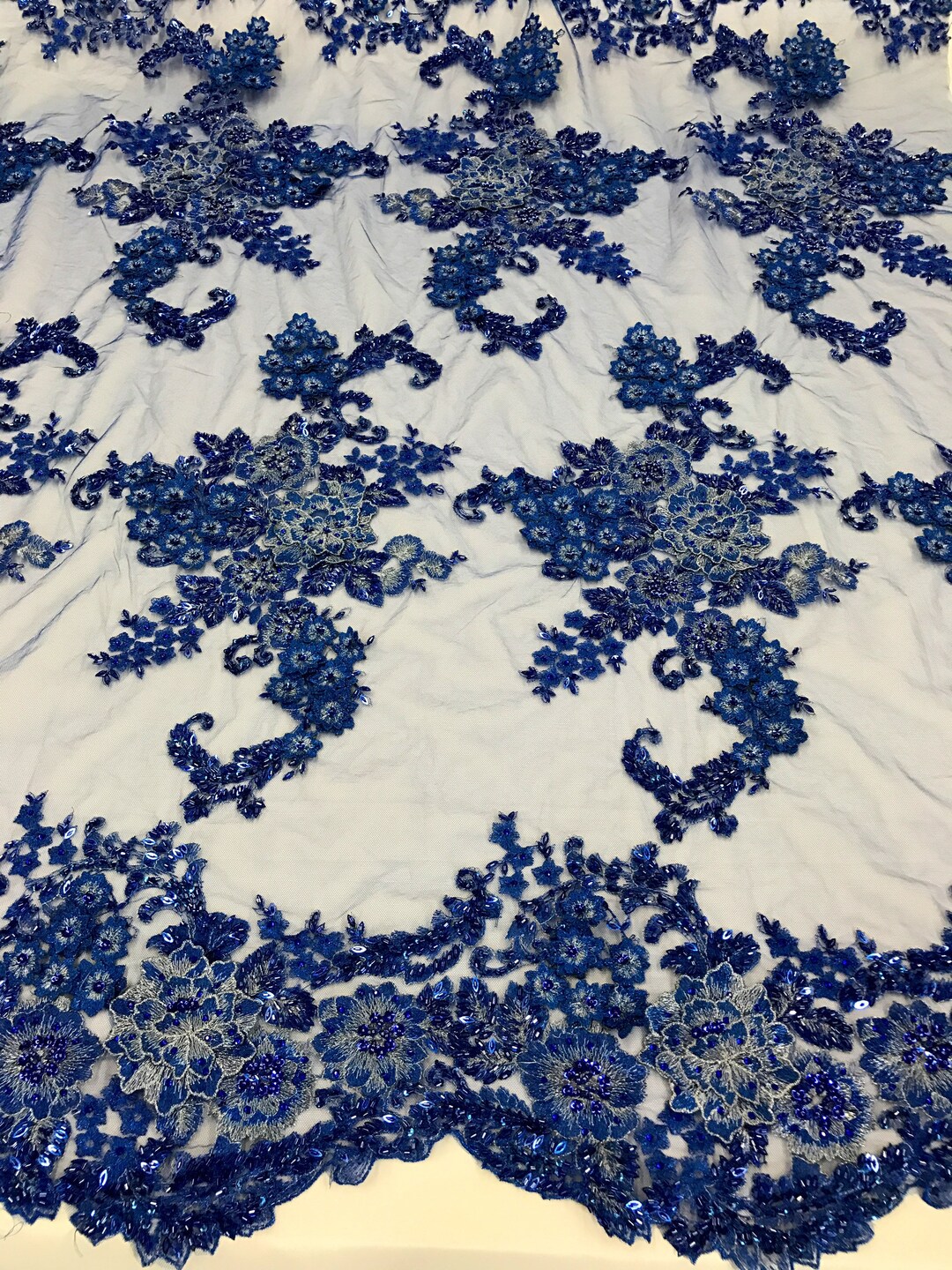 Royal Blue 3D Flower Lace Fabric: Sequined & Beaded Mesh, by the Yard ...