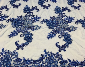 Royal Blue 3D Flower Lace Fabric: Sequined & Beaded Mesh, By The Yard