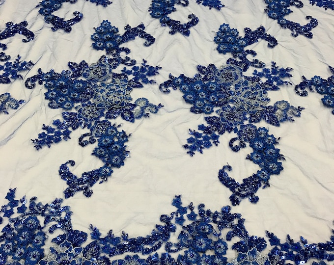 Royal Blue 3D Flower Design - by the yard - Embroider With Sequins and Beaded On a Mesh Lace Fabric 3D Floral-Prom-Dresses-Nightgown