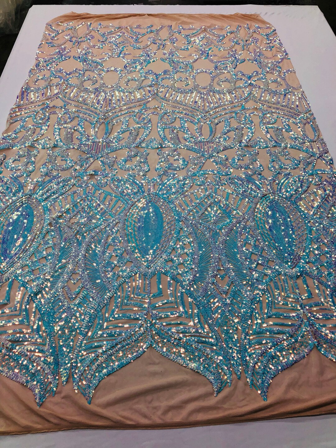 Iridescent Aqua Sequin Fabric, Royalty Design Embroidered With Sequin ...