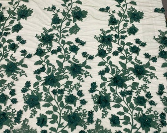 Hunter Green 3D Floral Embroidered Mesh Lace with Pearls, Apparel By The Yard