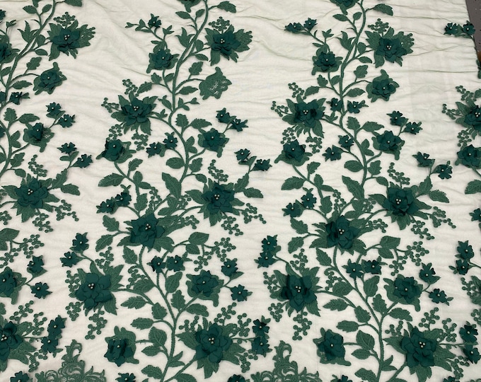 Hunter Green Two Tone 3D Floral Design Embroider and Beaded With Pearls On a Mesh Lace-Prom-Dresses-Nightgown-Apparel-Fashion By The Yard