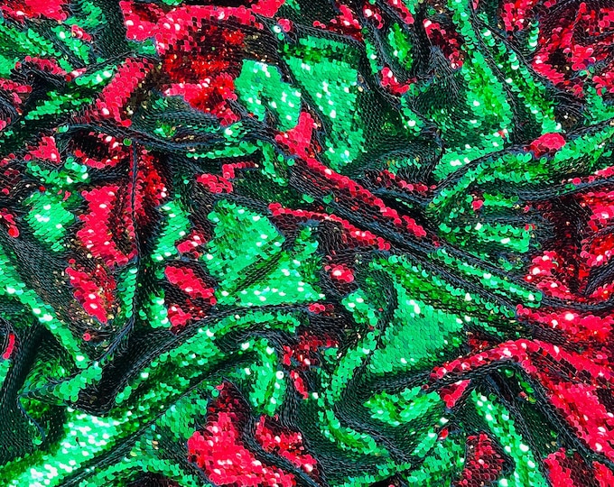 Red/Green Sequins Fabric: 2-Way Stretch Flip-Up Reversible Sequin