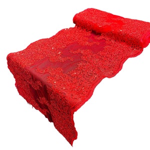 Metallic Red Floral Lace Fabric: Sequined Embroidery, 14&quot; Wide
