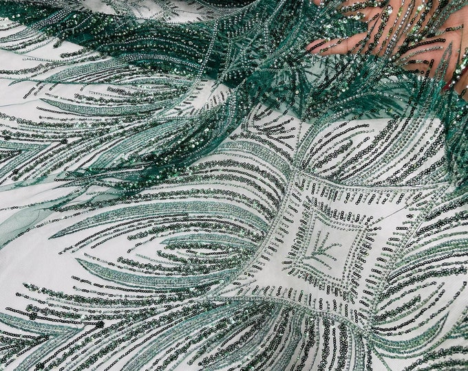 Hunter Green Beaded Fabric by the yard, Bridal beaded, Damask Pattern With Beads and Sequin, Appliqué lace for bridals,weddings,prom dress.
