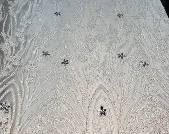 Beaded Fabric - Ivory - Embroidered Flower Line Mesh Lace Fabric with Beads Sold By The Yard