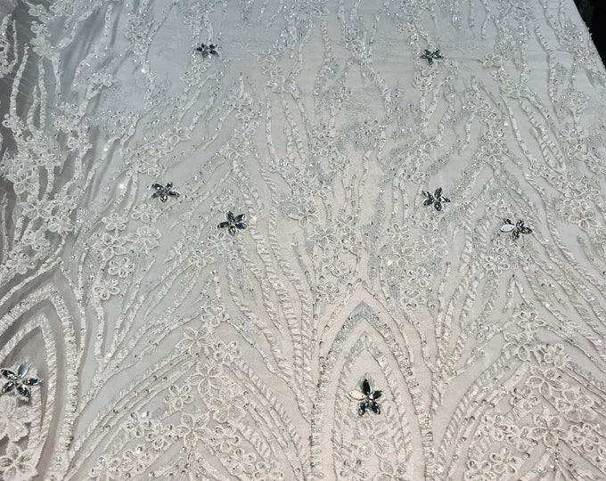 Beaded Fabric - Ivory - Embroidered Flower Line Mesh Lace Fabric with Beads Sold By The Yard