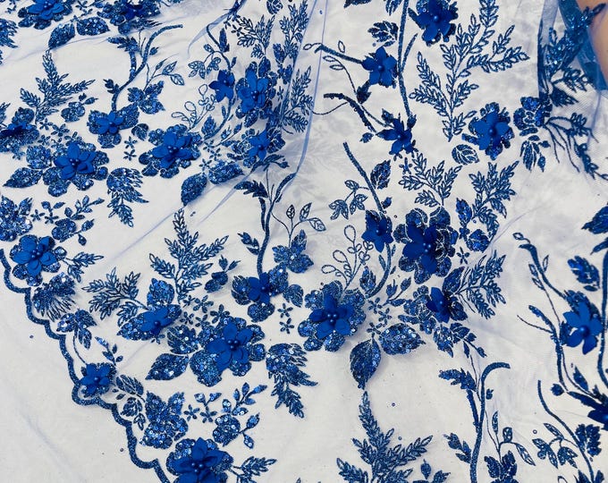 Royal Blue 3D Flower Sequin Fabric, Glitter Floral Tulle Lace, Wedding Dress, Quinceañera
