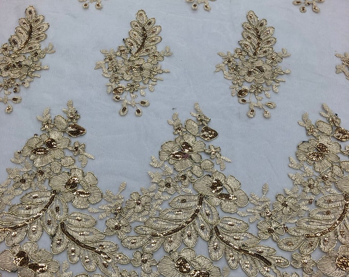 Champagne Lace Fabric - Flower/Floral Clusters Embroidered With sequins on a Mesh Lace Fabric Sold By The Yard(Pick a Size)