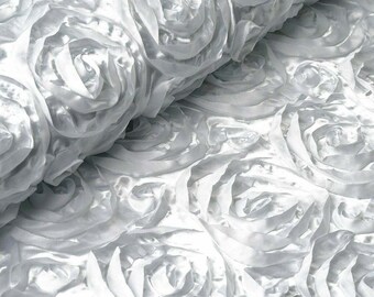 White 3D Rosette Satin Fabric: 54" Wide Floral Ribbon