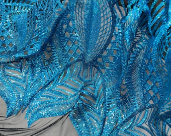 Hologram Turquoise Sequins Lace Fabric, Black Mesh Royalty Design, By The Yard