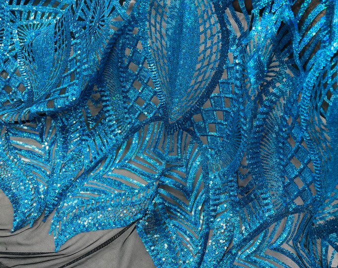 Hologram Turquoise Sequins Lace Fabric Black Mesh, Royalty Design Embroidered On 4way Stretch Sequin By Yard -Prom-Gown ( Choose The Size )