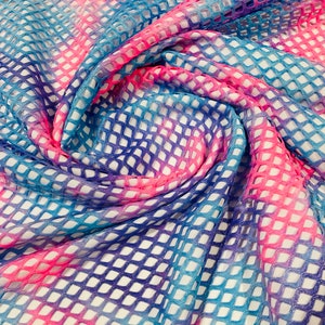 Hot Pink/Lilac 4 Way Stretch Fishnet Diamond Tie Dye W/Silver Glitters 58/60" Wide, Fishnet Tie Dye Diamond, Nylon Spandex Fabric